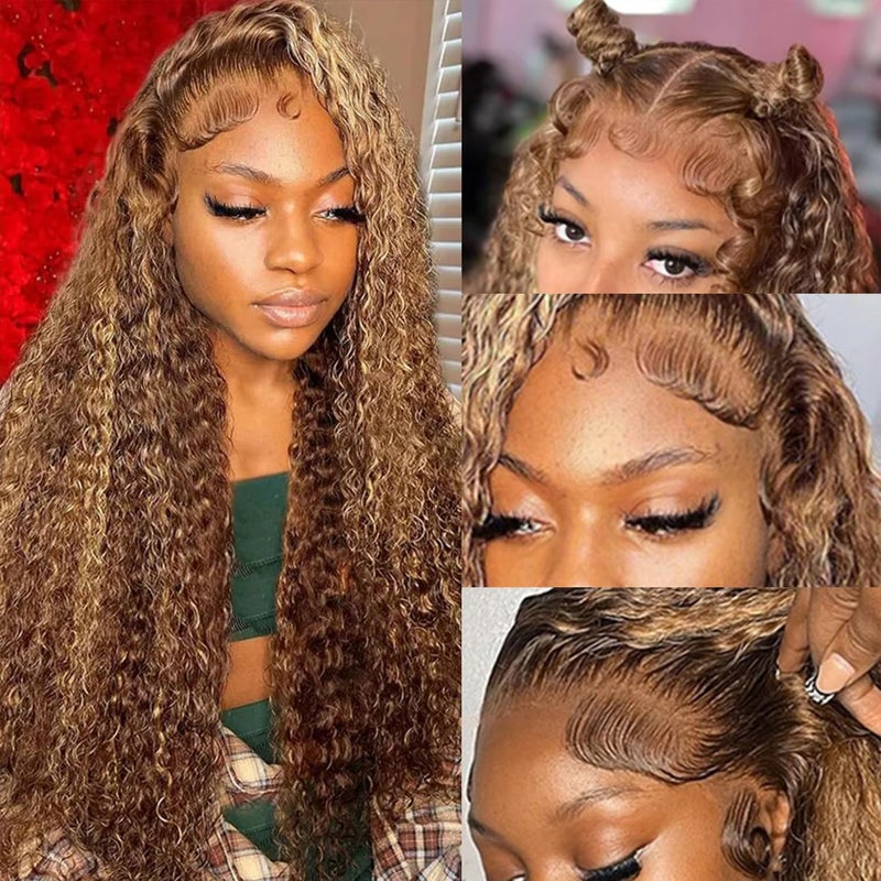ZZMDS 24 Inch 13x6 Deep Wave Lace Front Wigs Human Hair Pre Plucked 427 Highlight Ombre Colored Wigs Water Wave Honey Blonde Curly Lace Frontal Wigs Human Hair for Black Women with Baby Hair